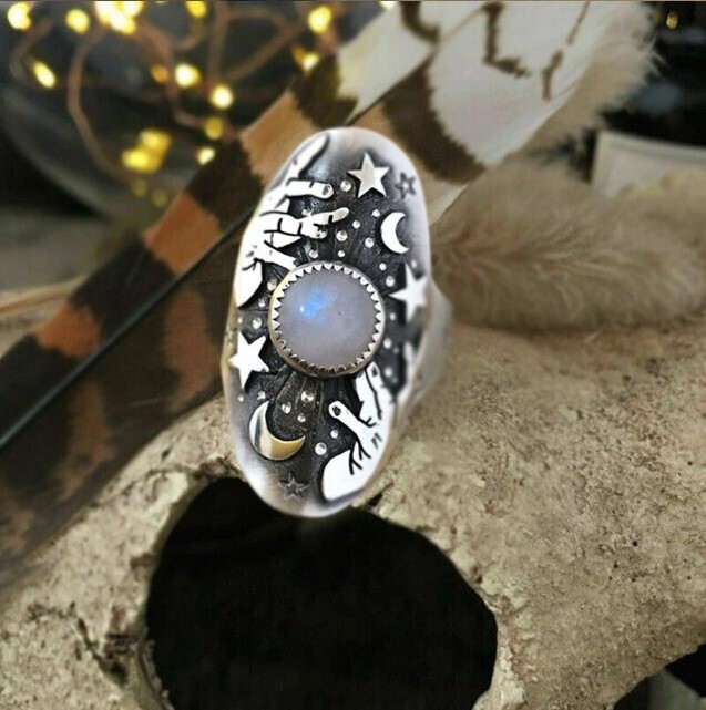 Whimsical Stars and Moon Vintage Style Ring