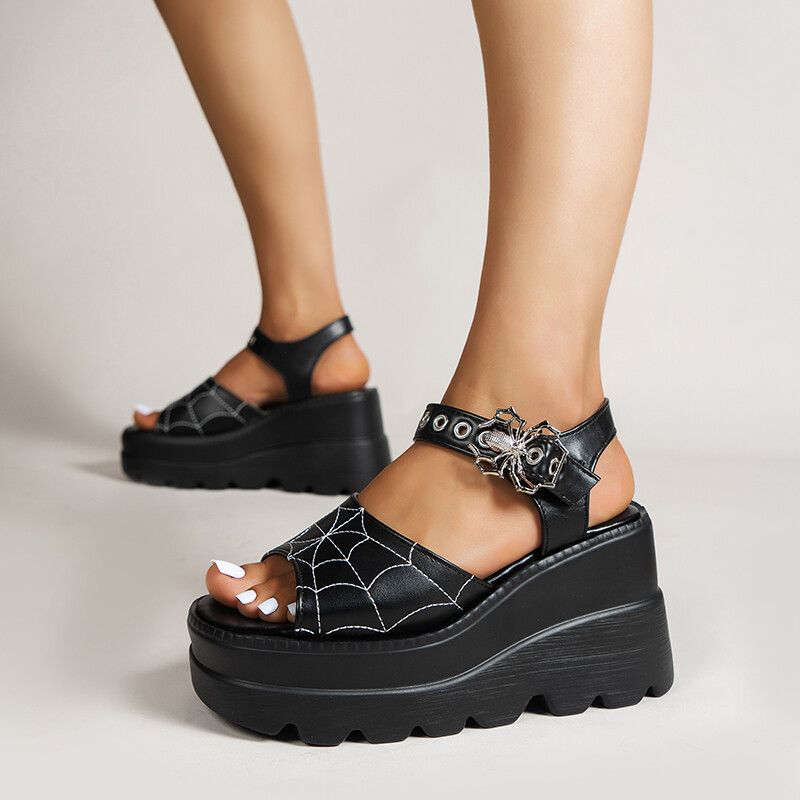 Gothic Punk Black Buckle Design Sandals