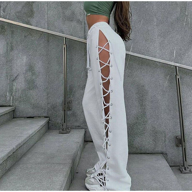 Casual Lace up High Waist Pants in Black and White