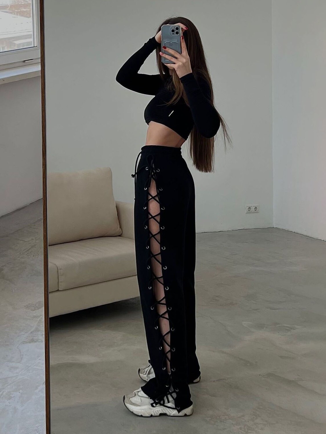Casual Lace up High Waist Pants in Black and White