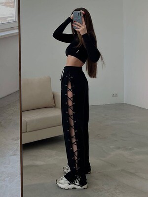 Casual Lace up High Waist Pants in Black and White