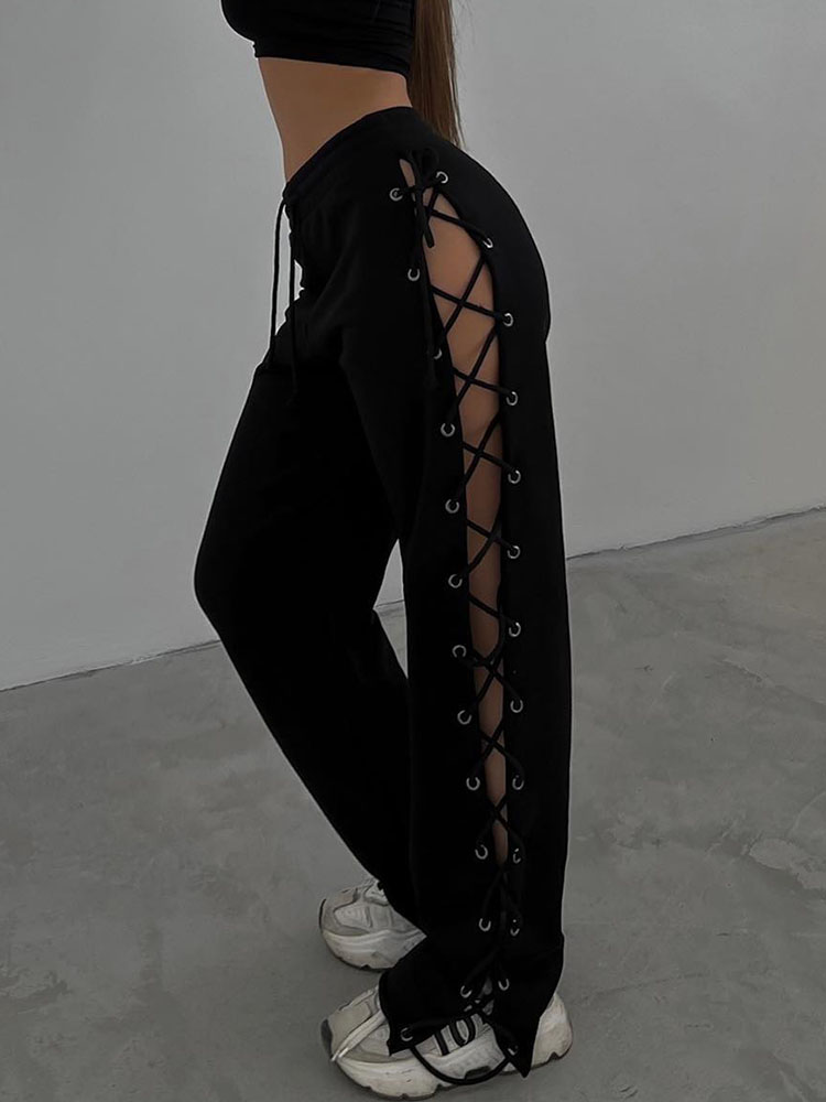Casual Lace up High Waist Pants in Black and White