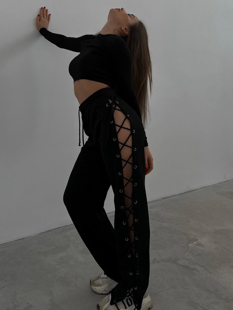 Casual Lace up High Waist Pants in Black and White
