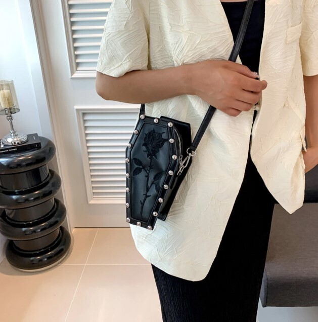 Retro Gothic Rose Coffin Shape Crossbody Bag