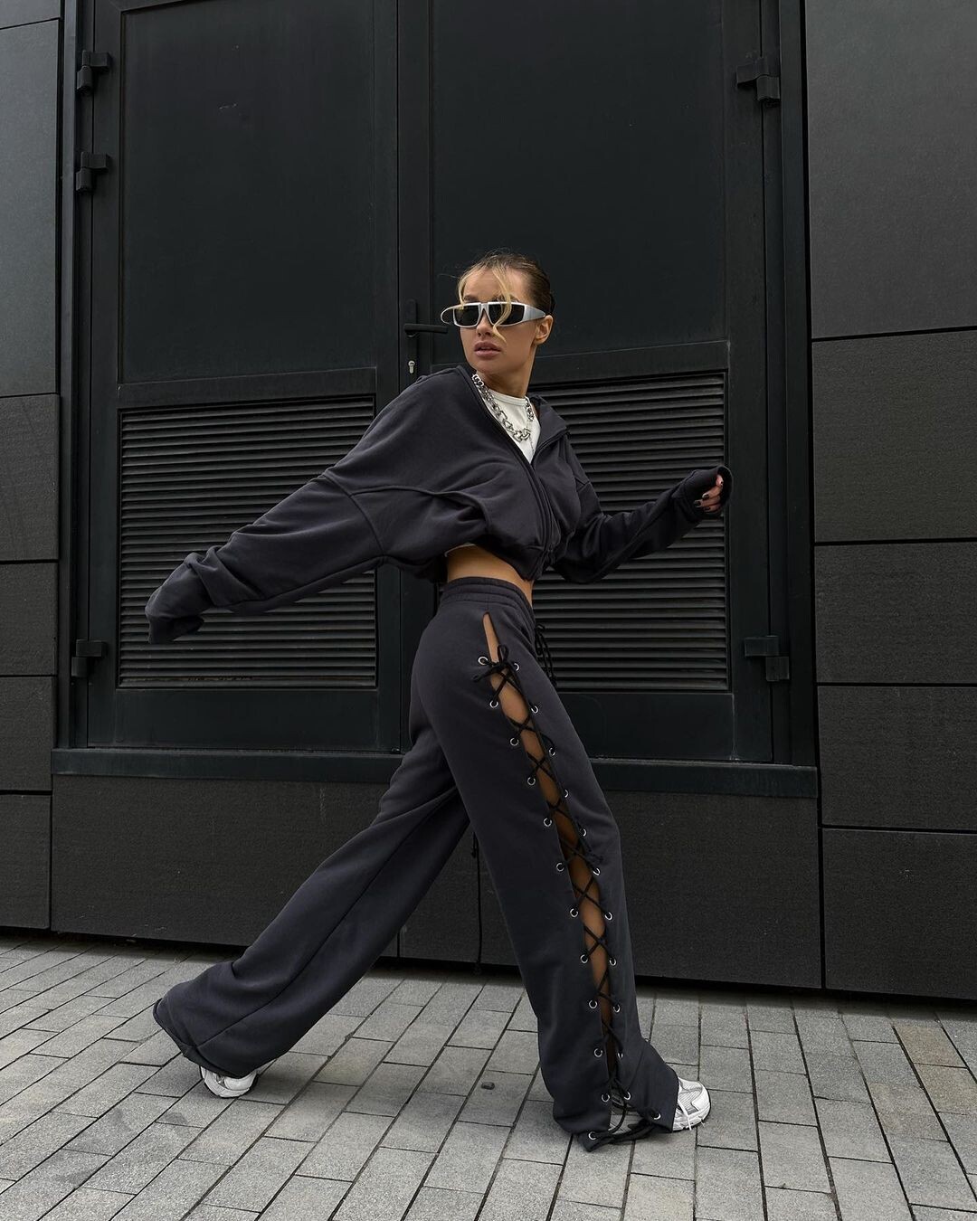 Casual Lace up High Waist Pants in Black and White