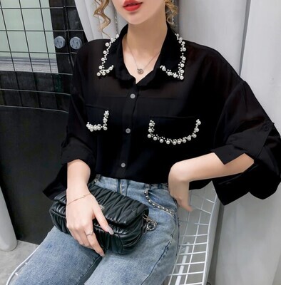 Beautiful Beaded Chiffon Long Sleeve Blouse