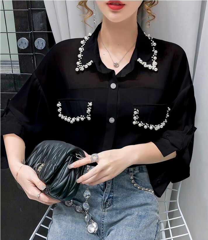 Beautiful Beaded Chiffon Long Sleeve Blouse