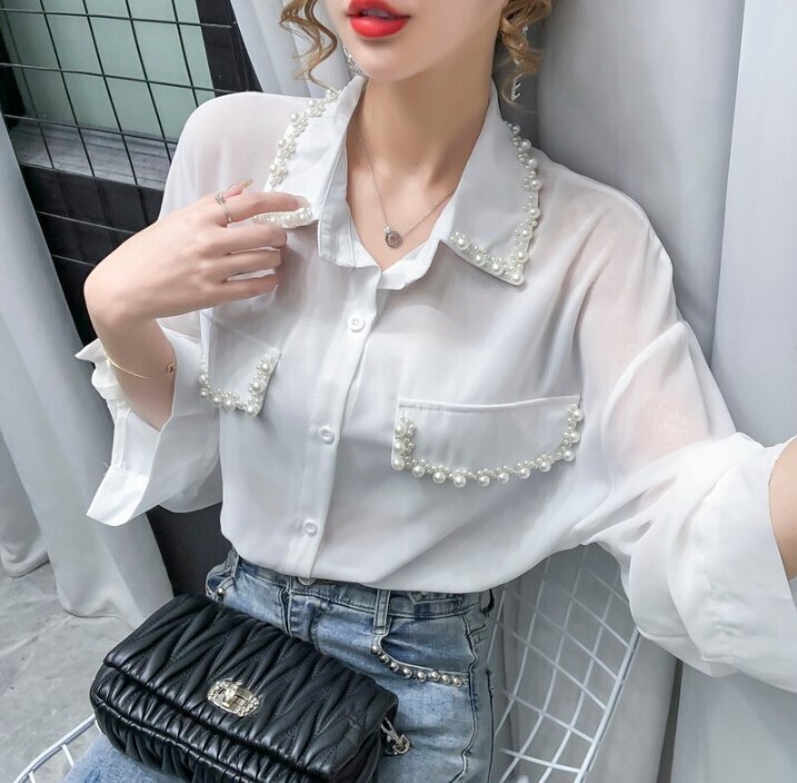 Beautiful Beaded Chiffon Long Sleeve Blouse