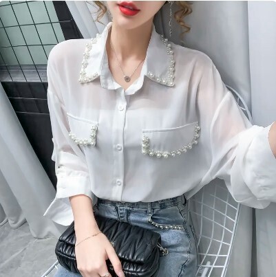 Beautiful Beaded Chiffon Long Sleeve Blouse