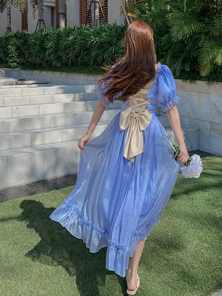 Lace up Back French Fairy Vintage Style Summer Party Dress