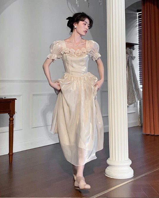 Whimsical French Rose Evening Party Dress