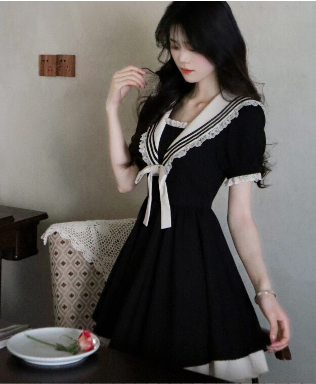 Harajuku Preppy Style puff Sleeve Black Summer Dress