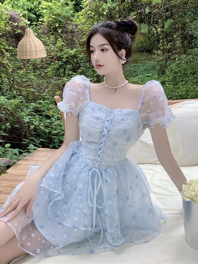 Lace up Puff Sleeve Floral Summer Dress