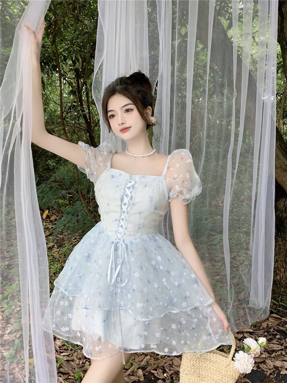Lace up Puff Sleeve Floral Summer Dress