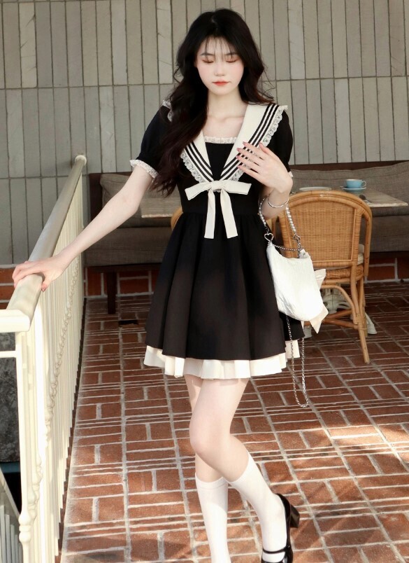 Harajuku Preppy Style puff Sleeve Black Summer Dress