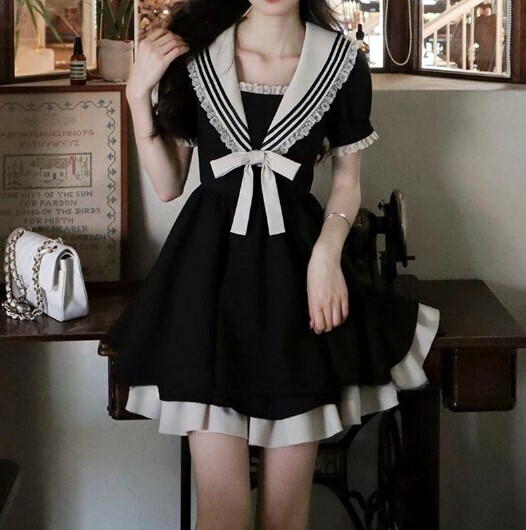 Harajuku Preppy Style puff Sleeve Black Summer Dress