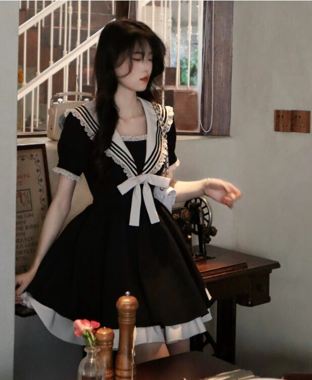 Harajuku Preppy Style puff Sleeve Black Summer Dress