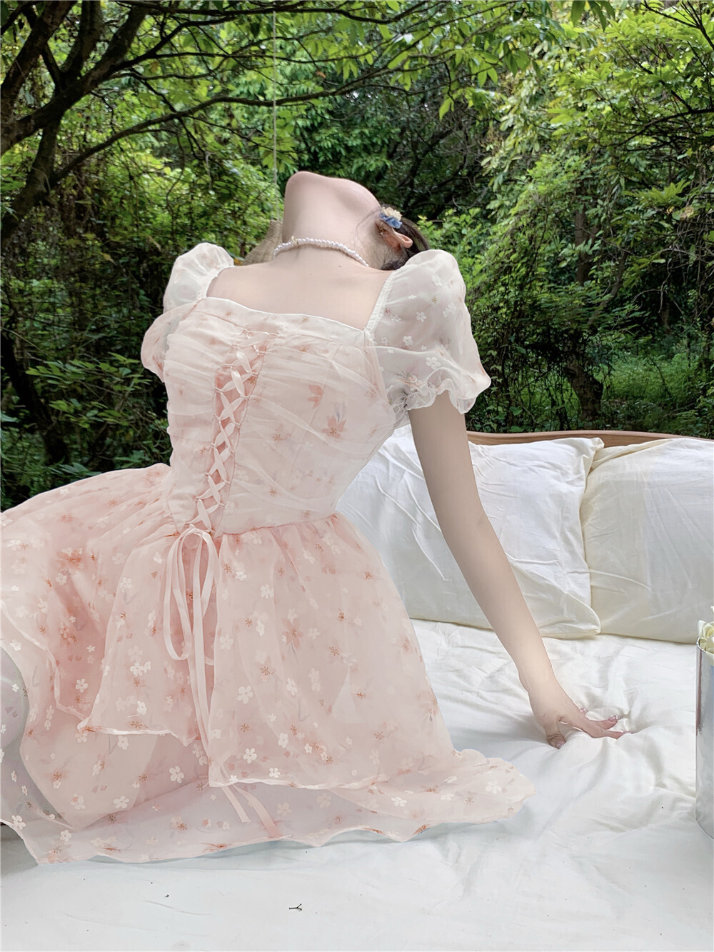Lace up Puff Sleeve Floral Summer Dress
