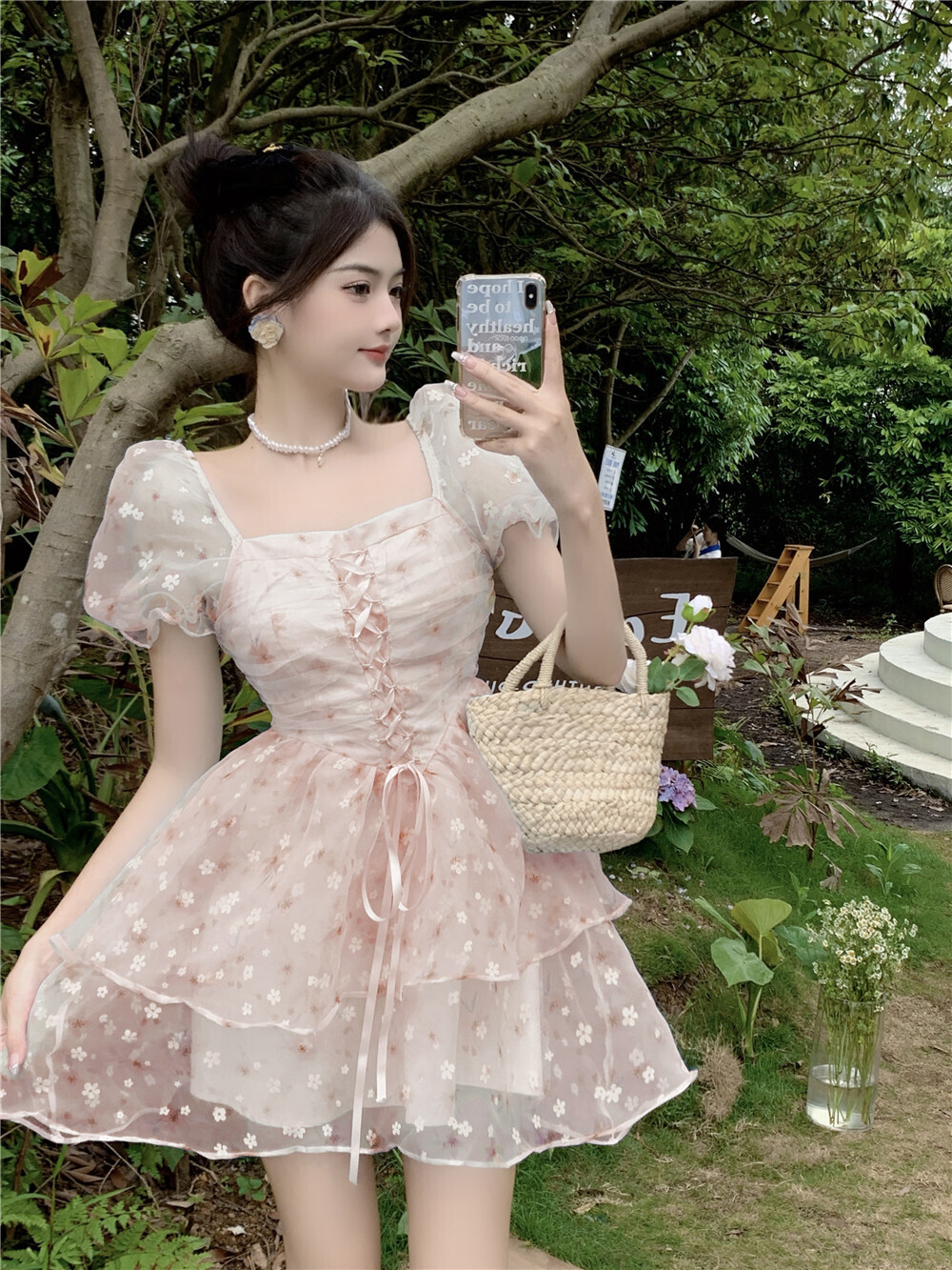 Lace up Puff Sleeve Floral Summer Dress