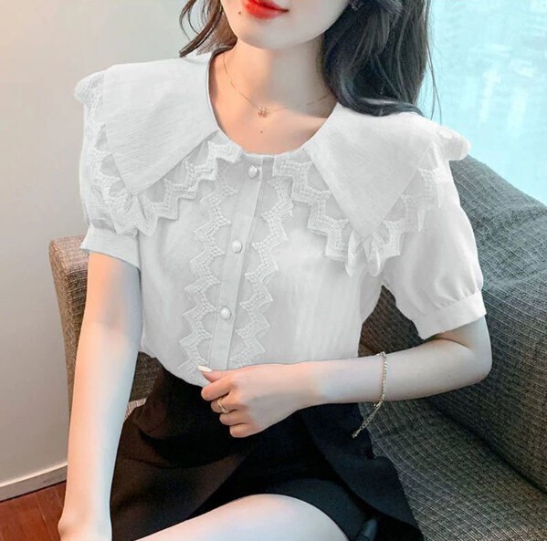 Lace Ruffled White Peter Pan Collar Blouse