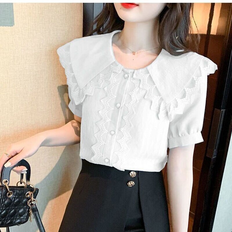 Lace Ruffled White Peter Pan Collar Blouse