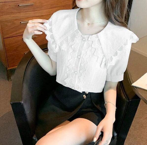 Lace Ruffled White Peter Pan Collar Blouse