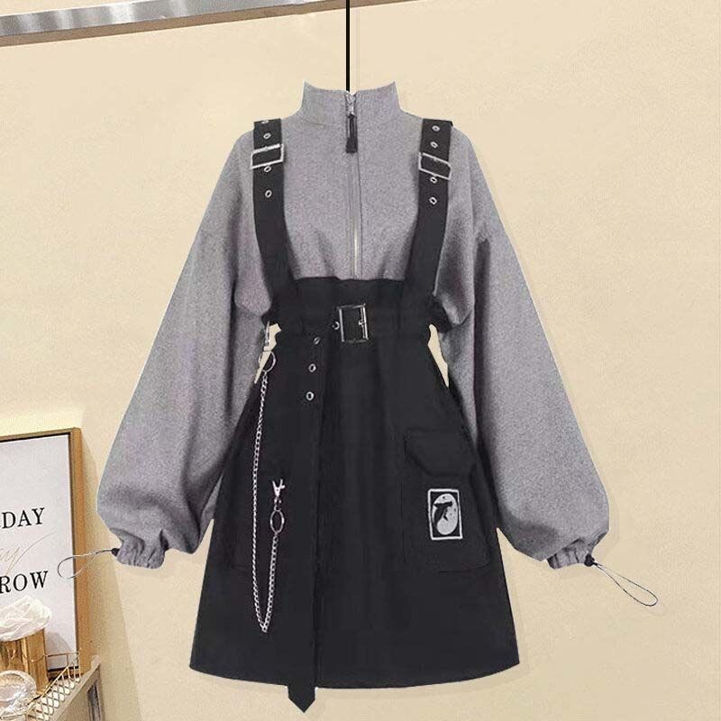 Strap Belt Chain Loose Casual Sweatshirt Dress