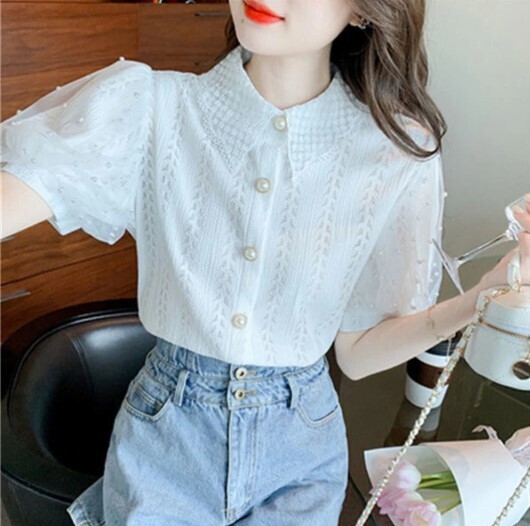 Spring Summer Style Puff Sleeve Lace Blouse
