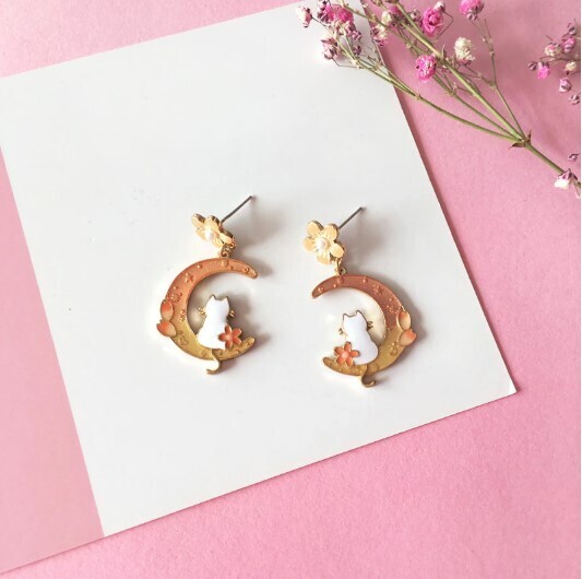 Cute Cat Flower Moon Dangle Earrings