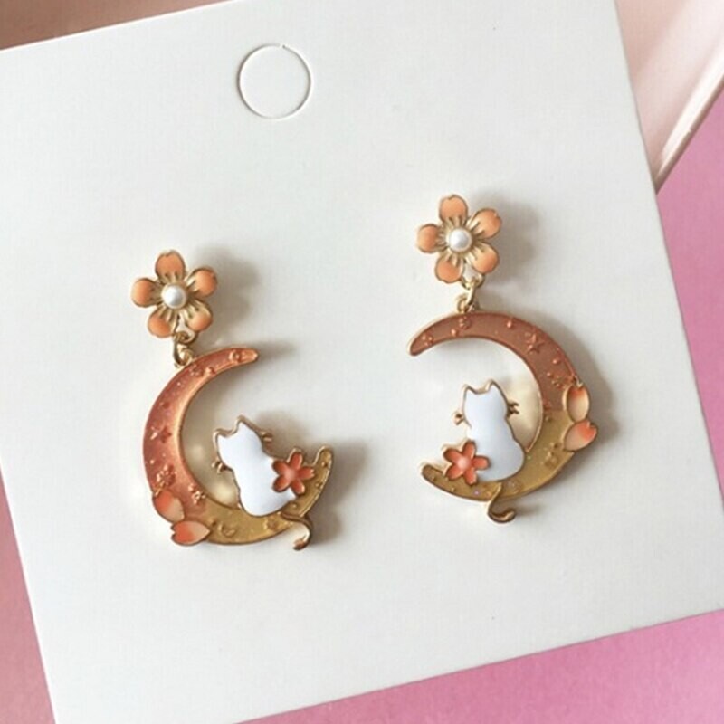Cute Cat Flower Moon Dangle Earrings