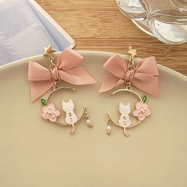 Kawaii Cat with Bow Dangle Earrings