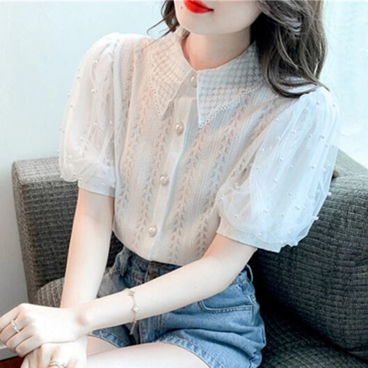 Spring Summer Style Puff Sleeve Lace Blouse