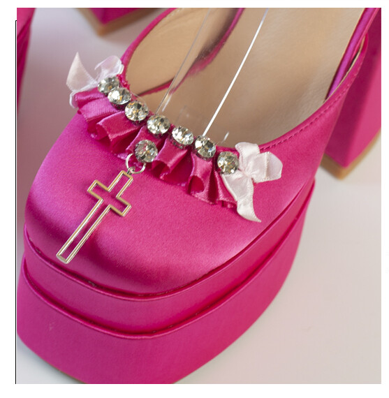 Satin Ankle Strap Metal Chain Crystals Platform Shoes