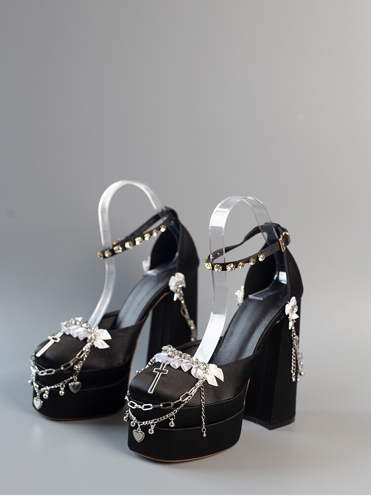 Satin Ankle Strap Metal Chain Crystals Platform Shoes