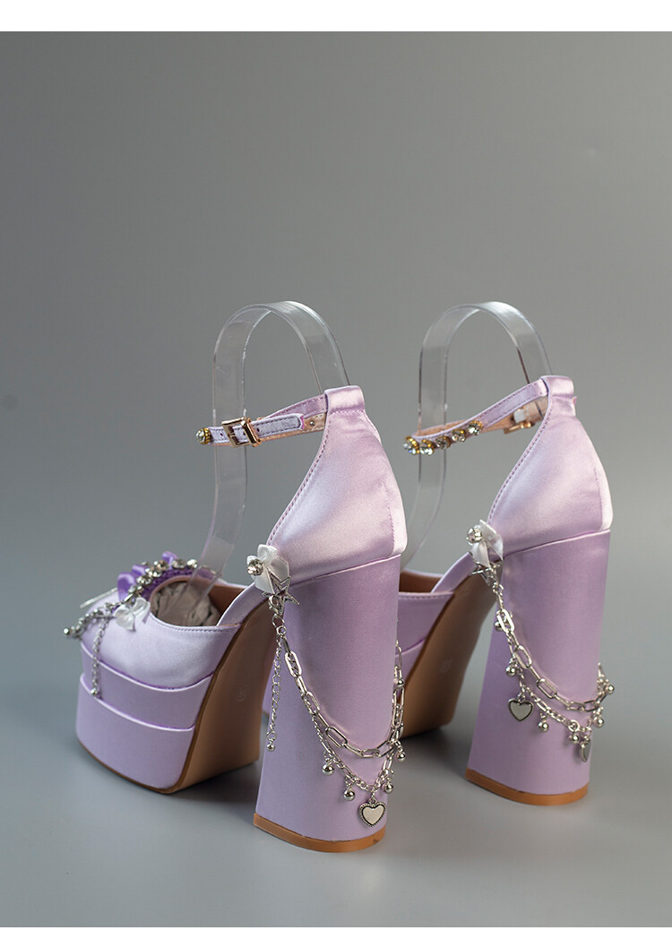 Satin Ankle Strap Metal Chain Crystals Platform Shoes