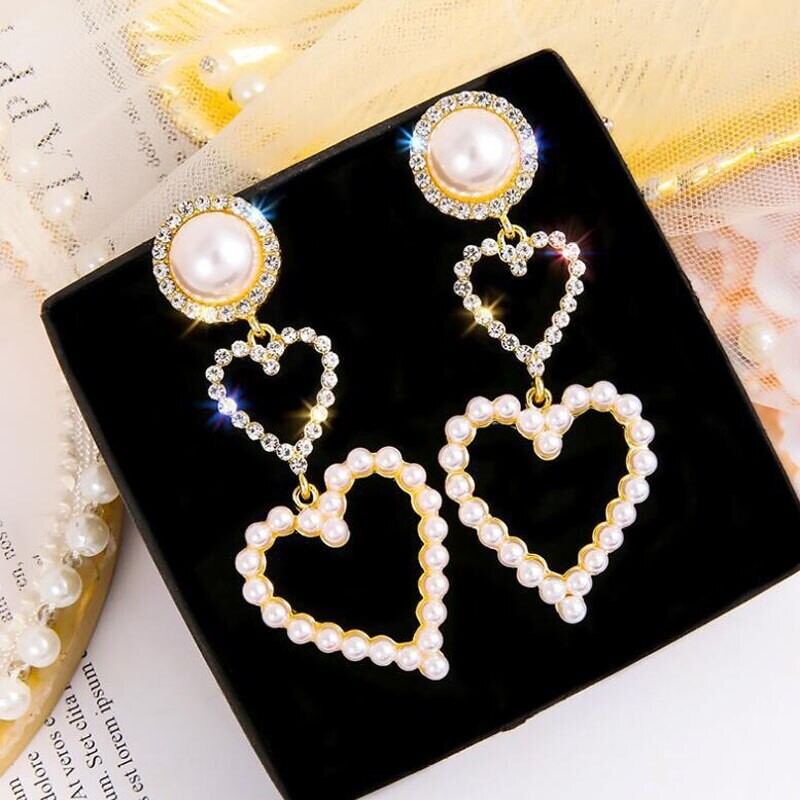 Gold and Silver Pearl Rhinestone Dangle Earrings