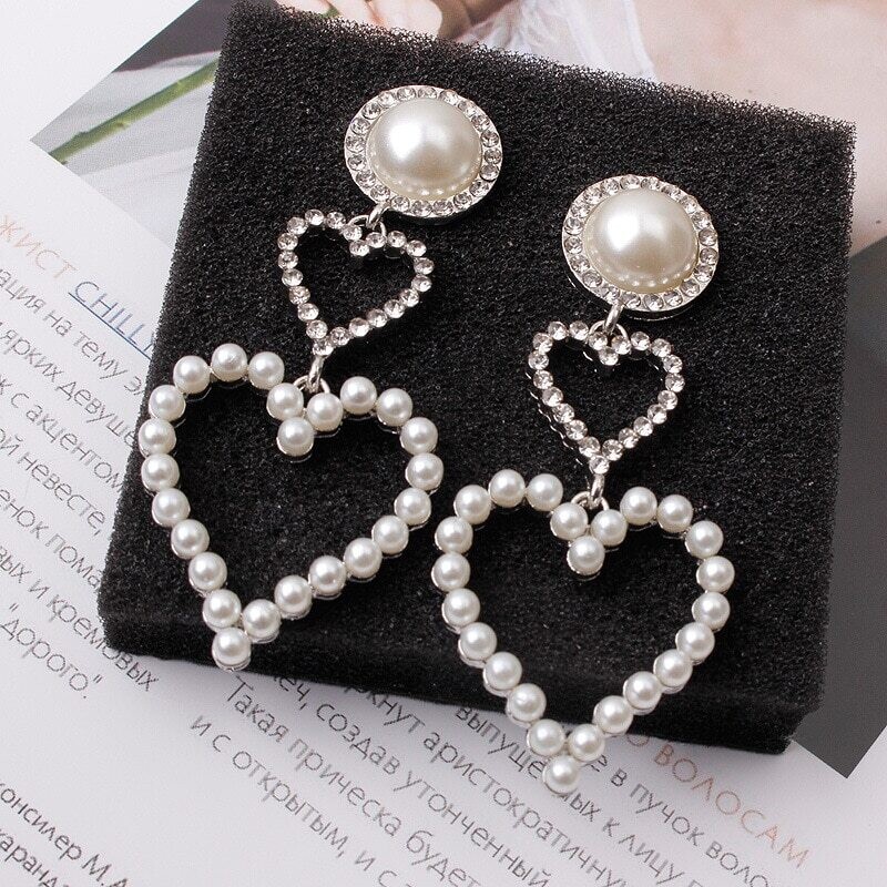 Gold and Silver Pearl Rhinestone Dangle Earrings