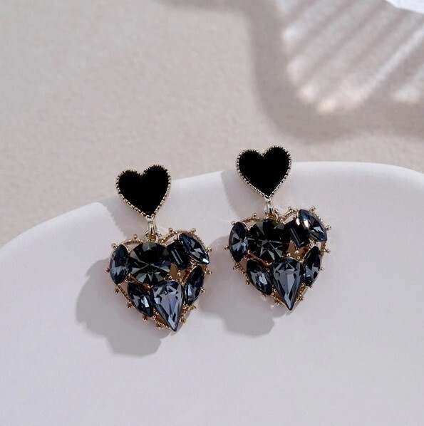 Crystal Black Heart Earrings