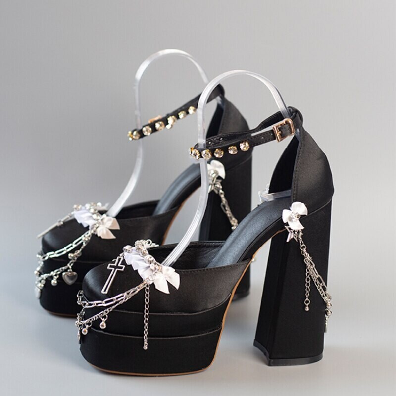 Satin Ankle Strap Metal Chain Crystals Platform Shoes