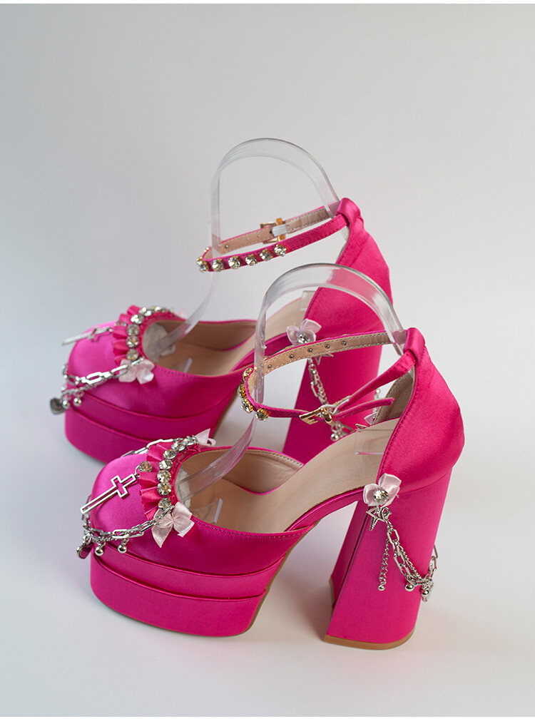 Satin Ankle Strap Metal Chain Crystals Platform Shoes