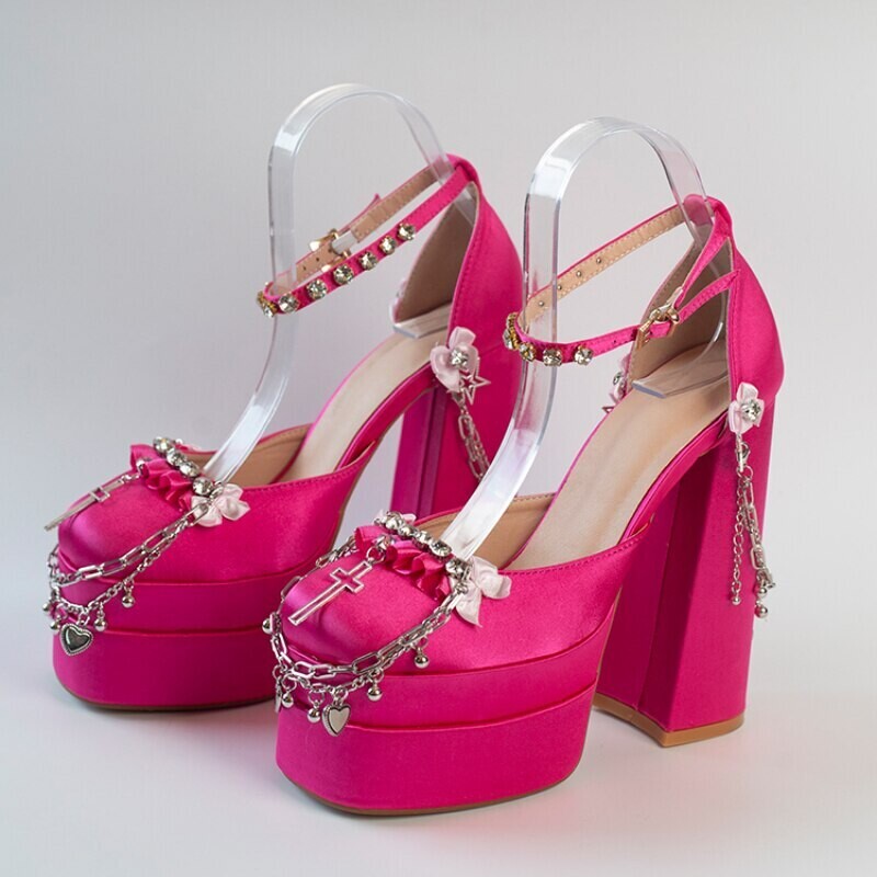 Satin Ankle Strap Metal Chain Crystals Platform Shoes