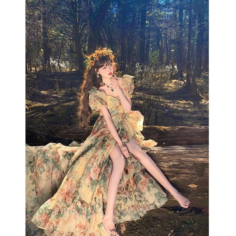 Princess Puff Sleeve Floral Print Chiffon Dress