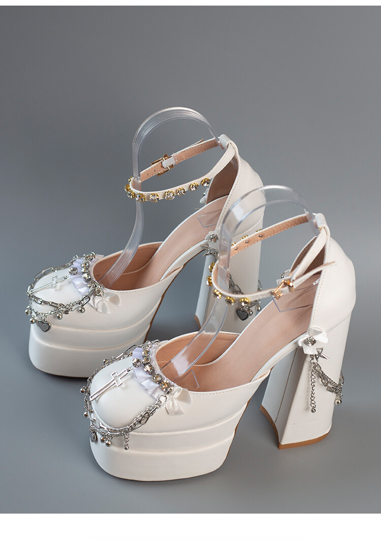 Satin Ankle Strap Metal Chain Crystals Platform Shoes