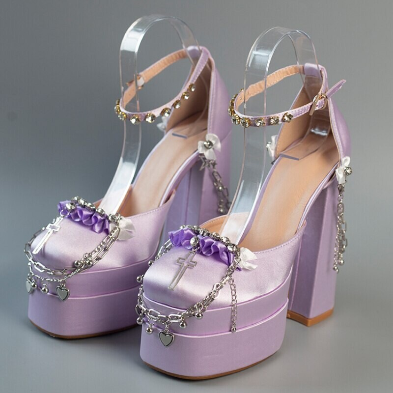 Satin Ankle Strap Metal Chain Crystals Platform Shoes