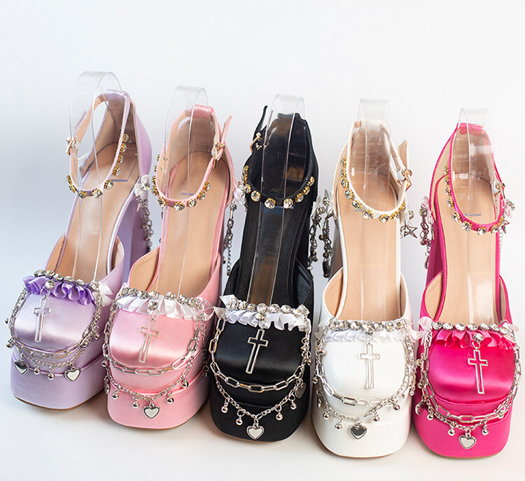 Satin Ankle Strap Metal Chain Crystals Platform Shoes