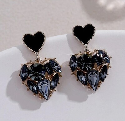 Crystal Black Heart Earrings