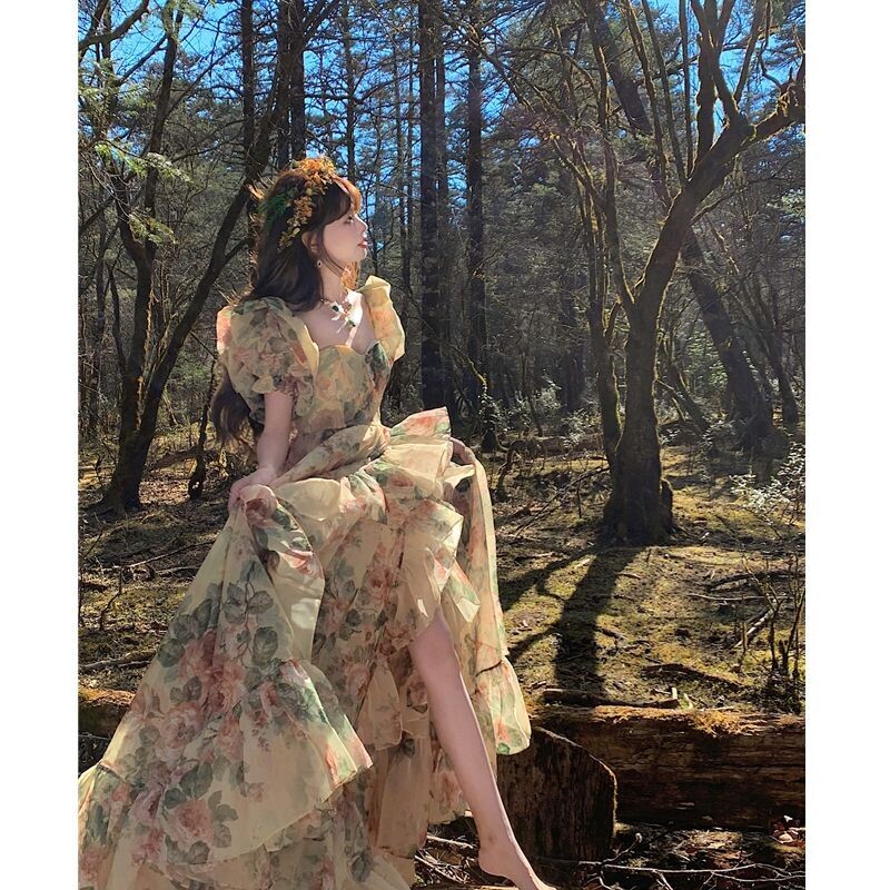 Princess Puff Sleeve Floral Print Chiffon Dress