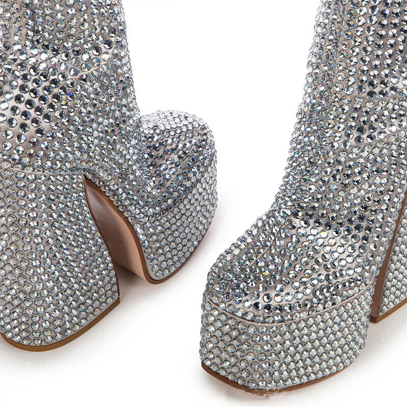 Beautiful Silver Crystal Platform High Heels Boots