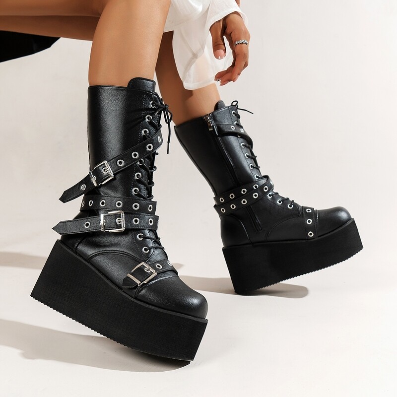 Black Punk Lace Up Buckle Round Toe Wedges Platform Boots