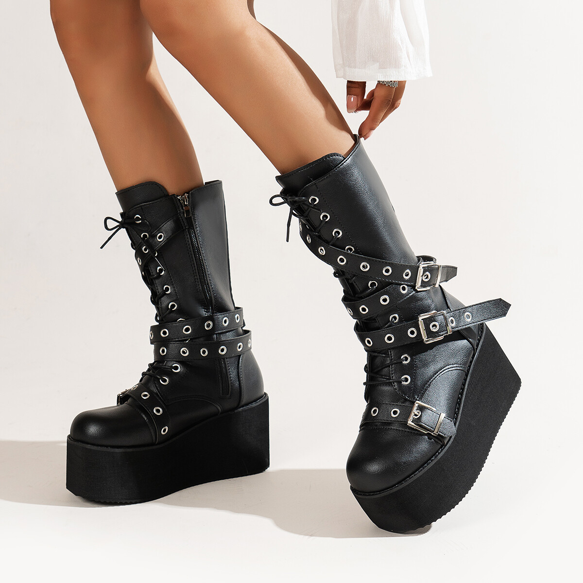 Black Punk Lace Up Buckle Round Toe Wedges Platform Boots